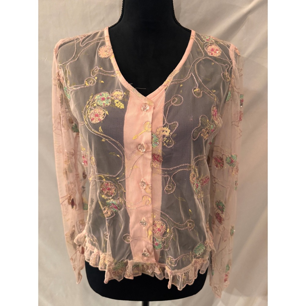 Vintage ZOE Pink Sheer Mesh Floral Embroidered Button Front Cardigan Top Medium